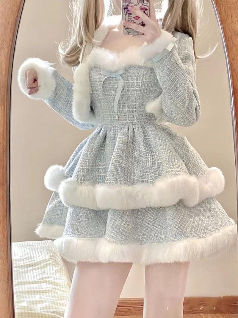 Fur-Trimmed Tiered Dress & Coat Set