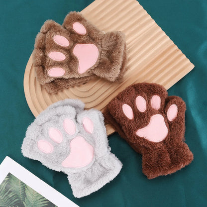 Fluffy Cat Paw Fingerless Gloves