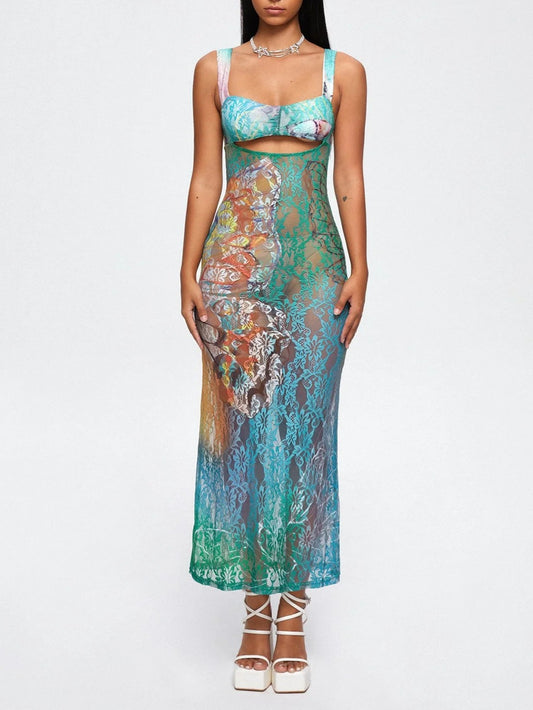 Cut-Out Lace Spaghetti Ombre Maxi Dress