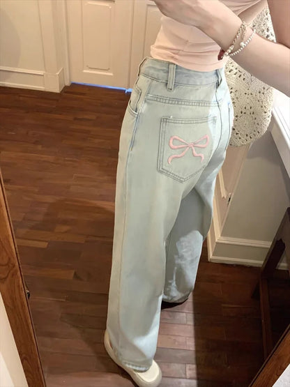 Back Pocket Bow Embroidery Wide Leg Jeans