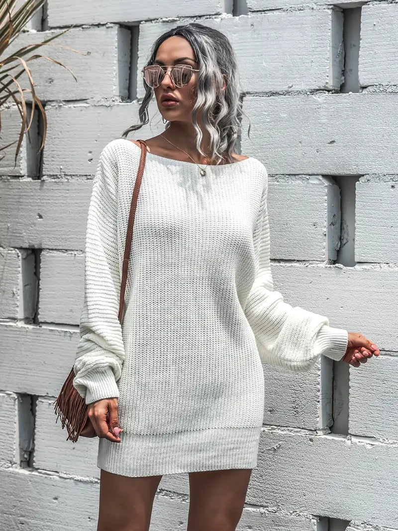 Loose Round Neck Solid Sweater Dress