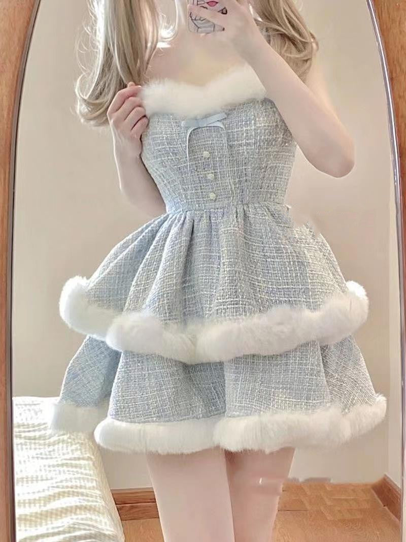 Fur-Trimmed Tiered Dress & Coat Set