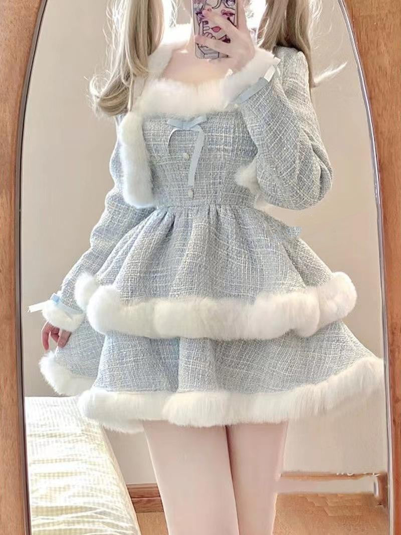 Fur-Trimmed Tiered Dress & Coat Set