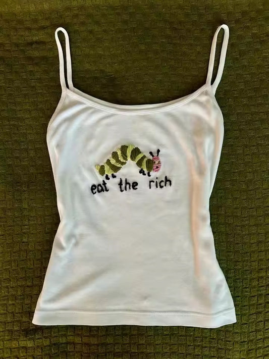 “Eat The Rich” Caterpillar Embroidery Cami Top
