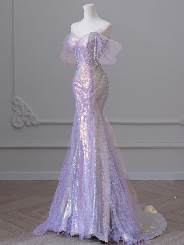 Iridescent Lilac Pearl Off-Shoulder Mermaid Dress