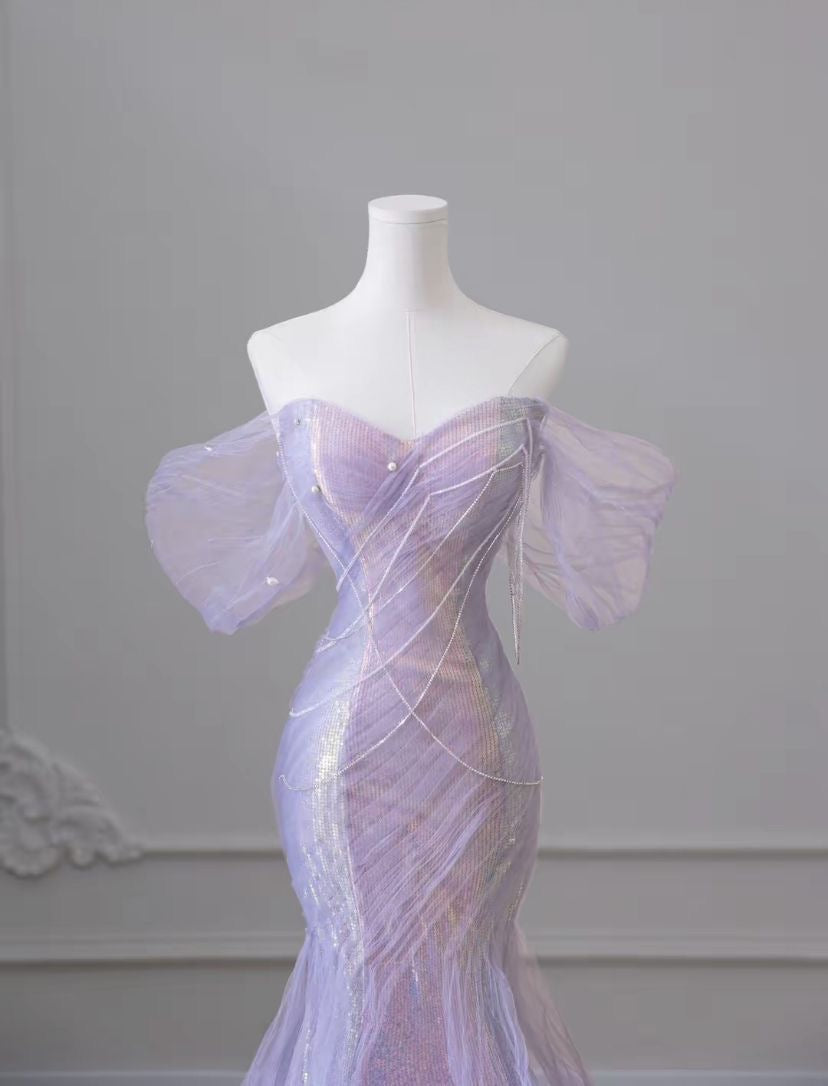 Iridescent Lilac Pearl Off-Shoulder Mermaid Dress