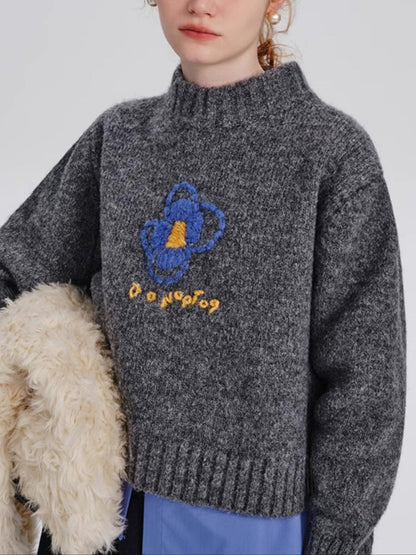 Abstract Floral Embroidered Knit Sweater