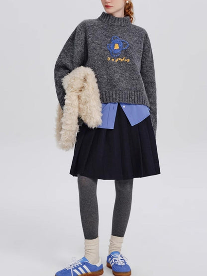 Abstract Floral Embroidered Knit Sweater