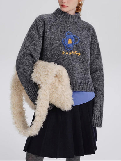 Abstract Floral Embroidered Knit Sweater