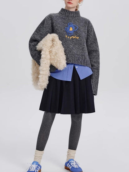 Abstract Floral Embroidered Knit Sweater