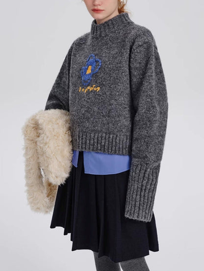 Abstract Floral Embroidered Knit Sweater