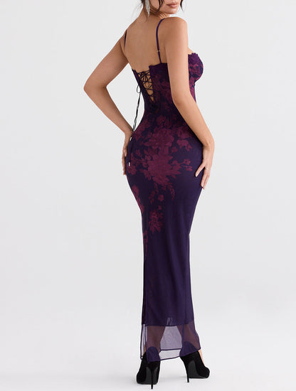 Aiza Grape Floral Print Maxi Dress