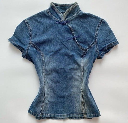 Aura Mandarin Fusion Denim Top
