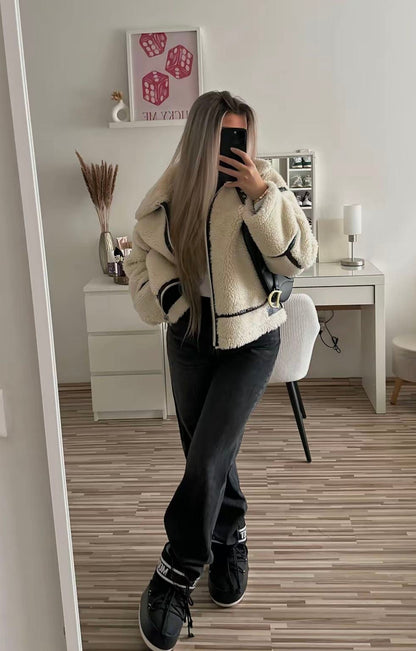 Faux Fur Biker Zipper Jacket