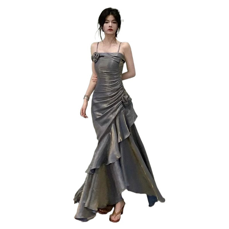 Metallic Asymmetric Tiered Ruffle Rosette Dress