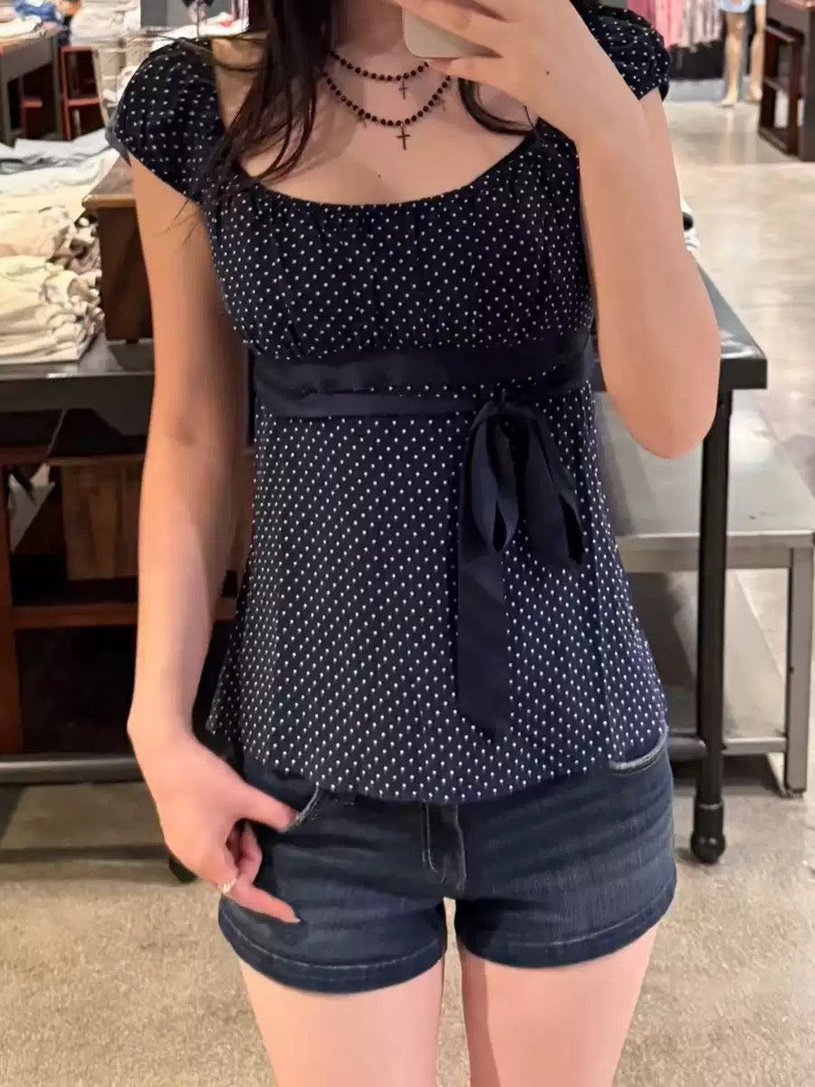 Babydoll Ribbon Polka Dot Top