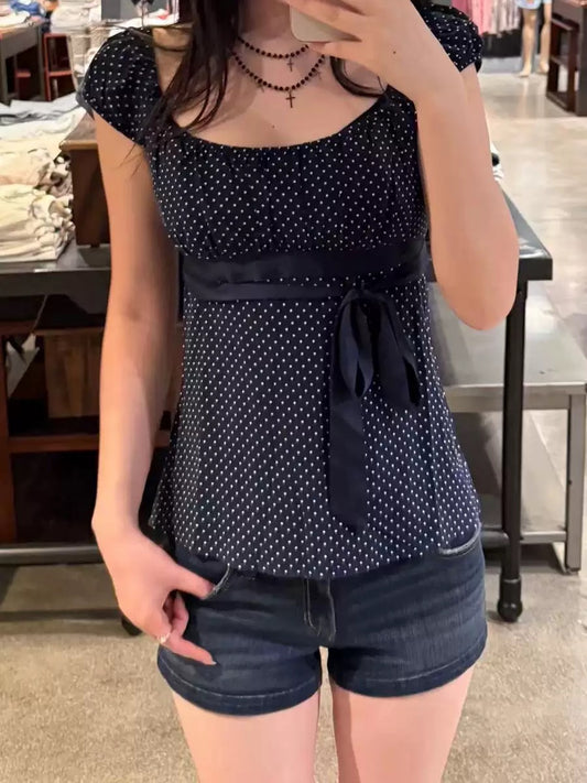 Babydoll Ribbon Polka Dot Top