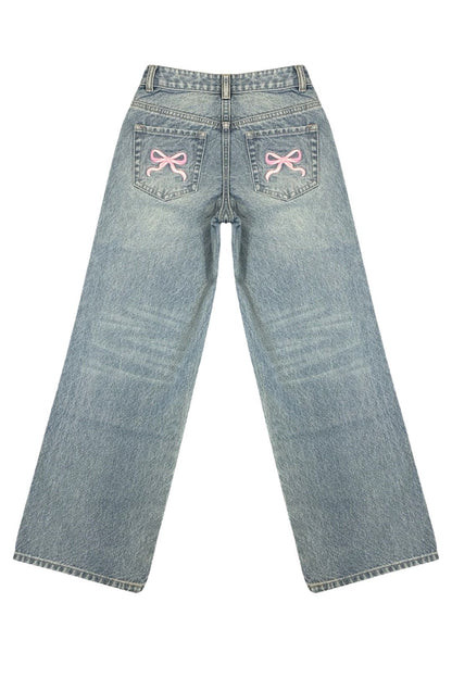 Back Pocket Bow Embroidery Wide Leg Jeans