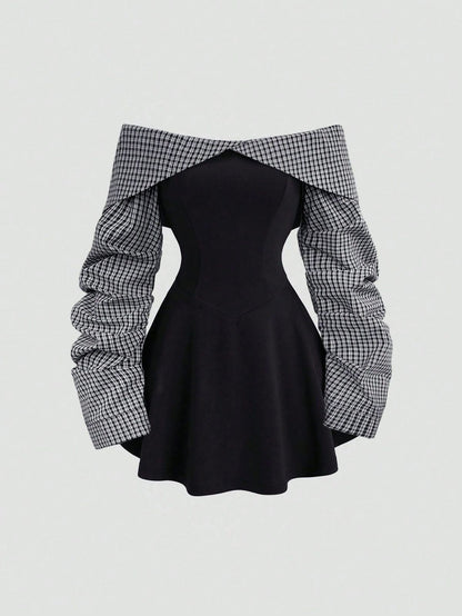 Bardot Off-Shoulder Ruched Sleeves Mini Dress