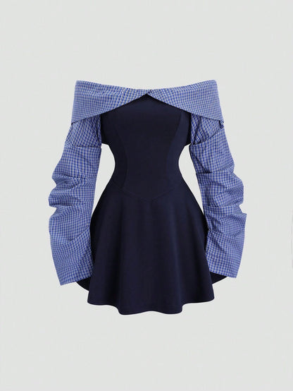 Bardot Off-Shoulder Ruched Sleeves Mini Dress