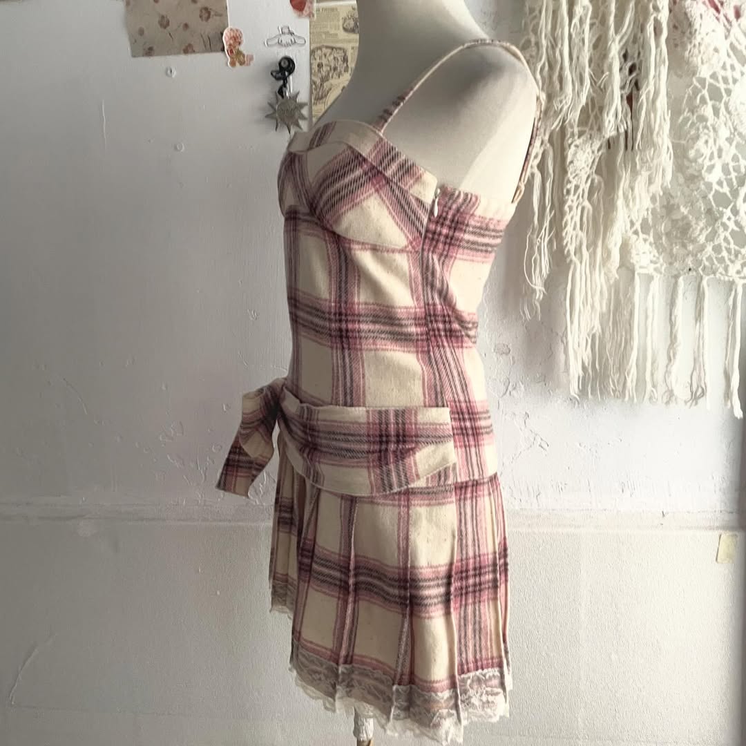 Beige Coquette Plaid Pleated Mini Dress