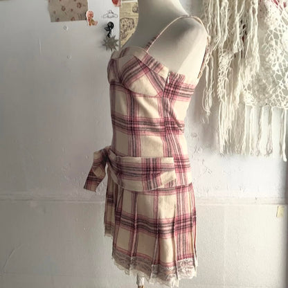 Beige Coquette Plaid Pleated Mini Dress