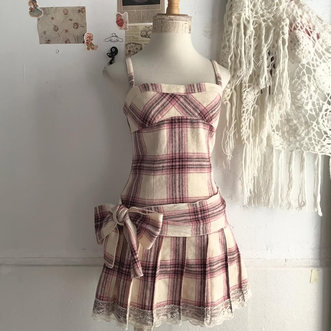 Beige Coquette Plaid Pleated Mini Dress