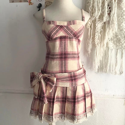 Beige Coquette Plaid Pleated Mini Dress