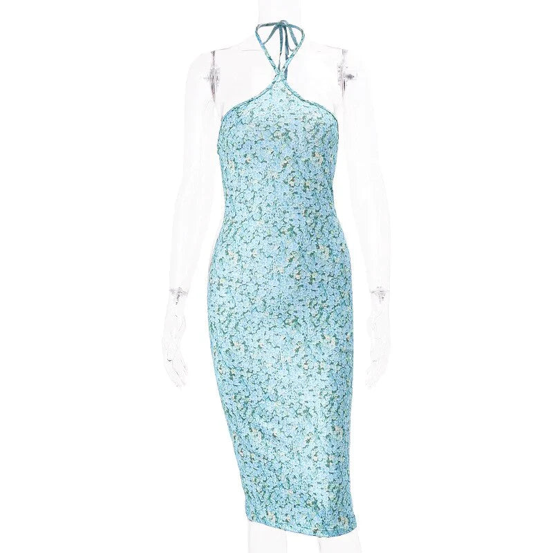 Blue Floral Bodycon Halter Midi Dress