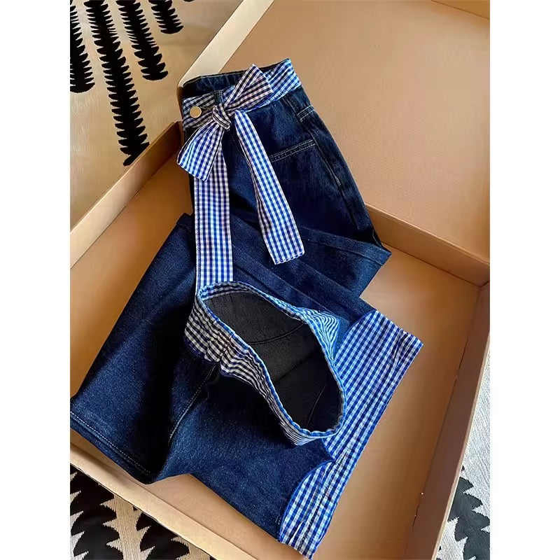 Blue Gingham Bow Accented Jeans