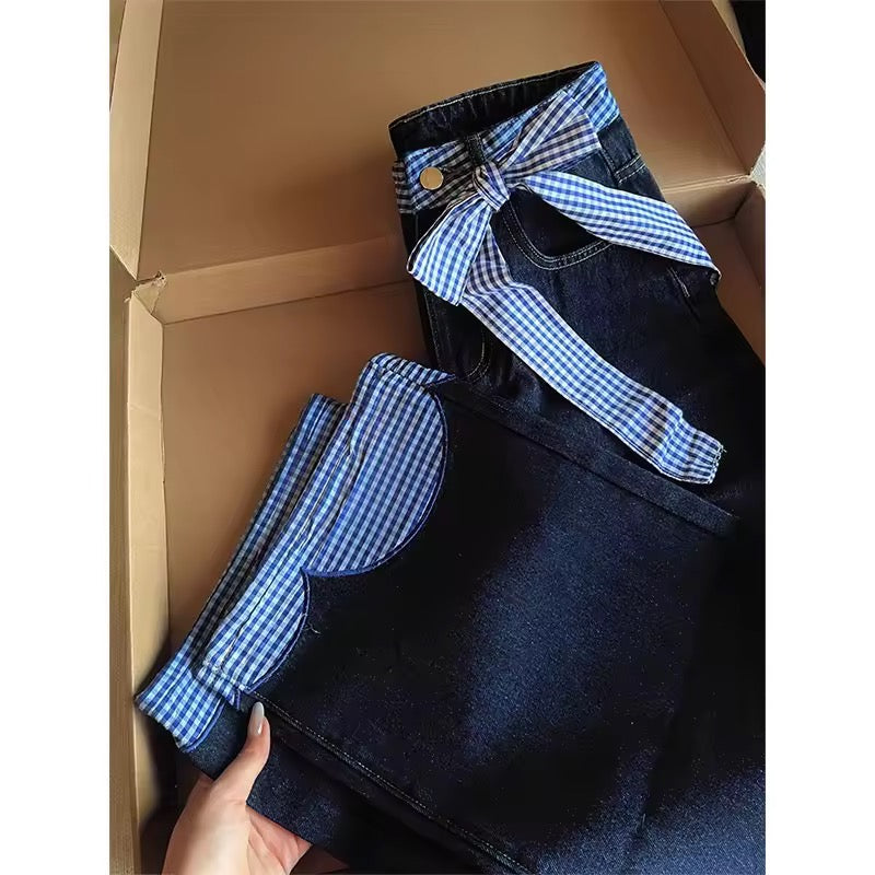 Blue Gingham Bow Accented Jeans