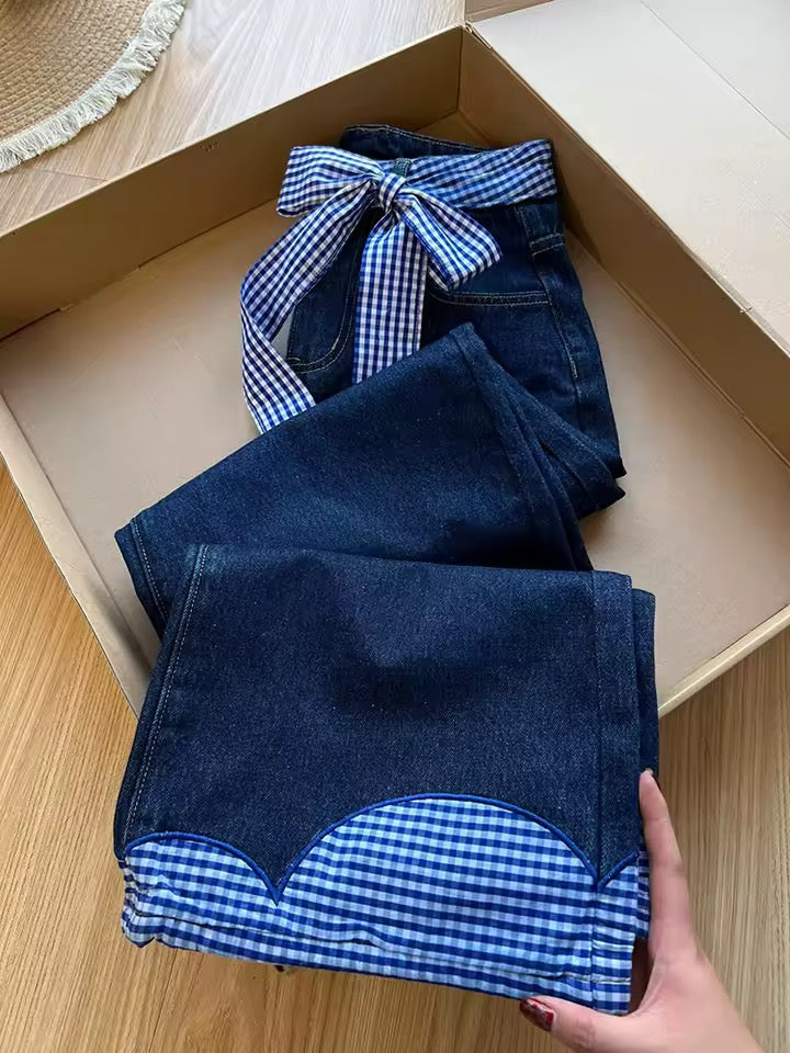 Blue Gingham Bow Accented Jeans