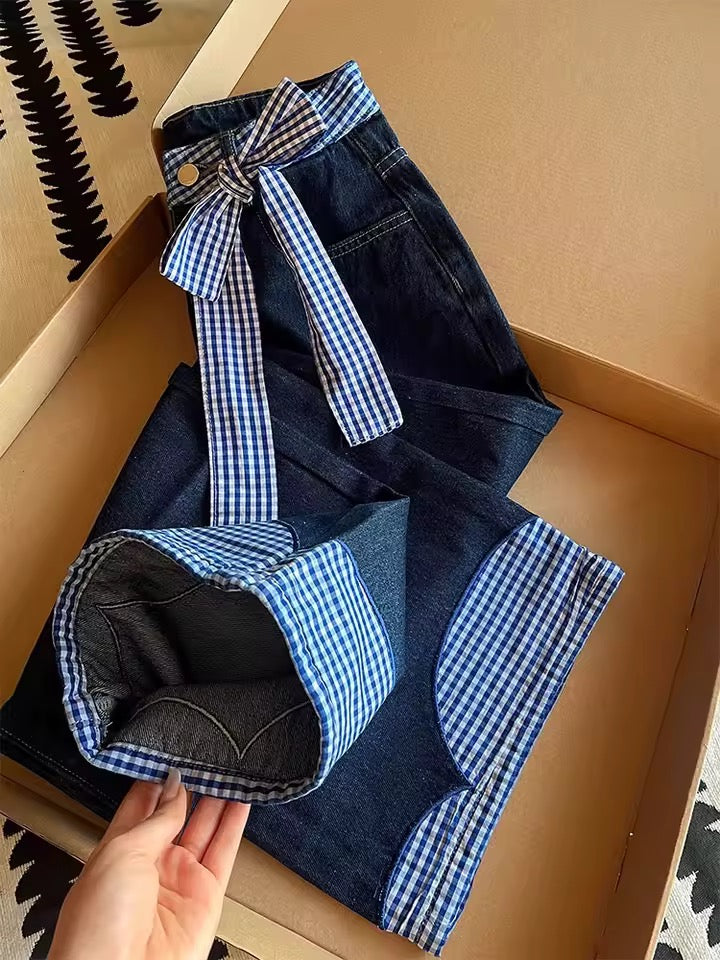 Blue Gingham Bow Accented Jeans