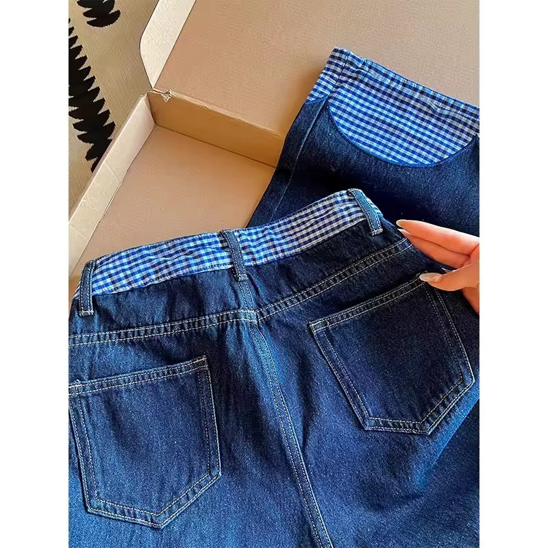 Blue Gingham Bow Accented Jeans