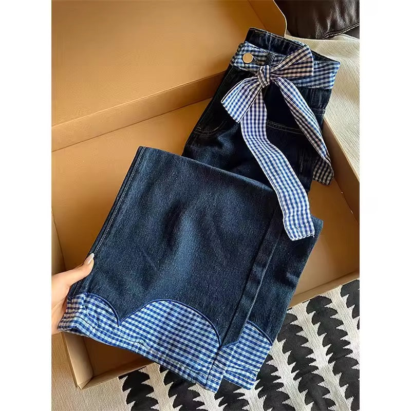 Blue Gingham Bow Accented Jeans