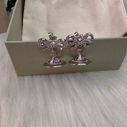 Bow 3D Saturn Orb Drop Stud Earring