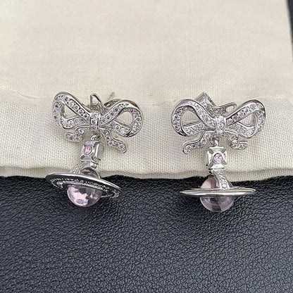 Bow 3D Saturn Orb Drop Stud Earring