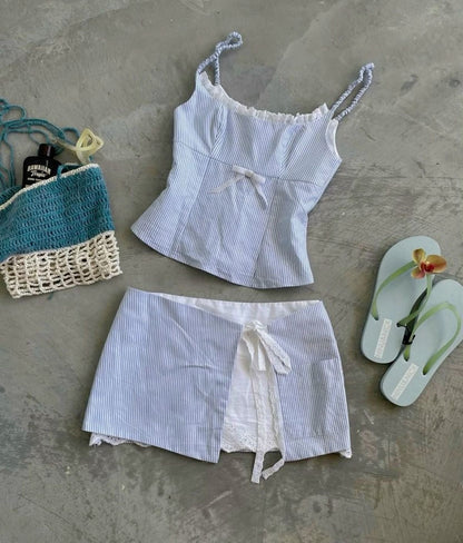 Bow Lace Trimmed Top & Skirt Set