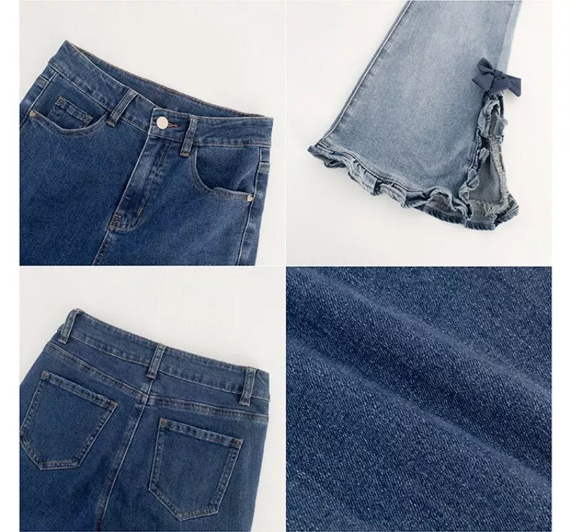 Bow Ruffle Slit Gradient Flare Jeans