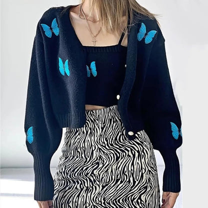 Butterfly Embroidery Knit Cami and Cardigan Set