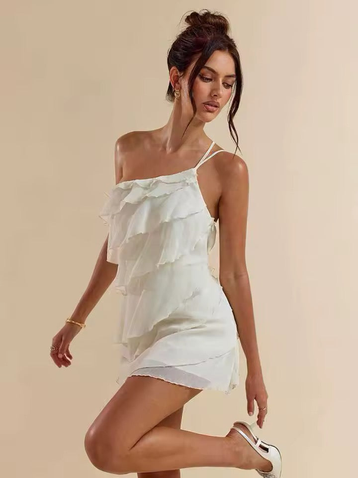 Cream One-Shoulder Tiered Mini Dress