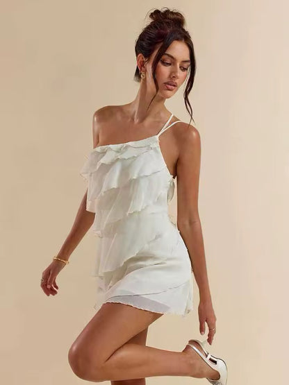 Cream One-Shoulder Tiered Mini Dress