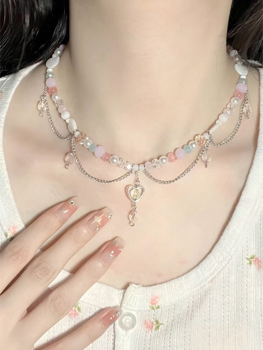 Dangling Heart Silver Link Beaded Festoon Necklace