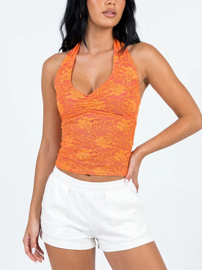 Tangerine Sheer Floral Lace Halter Top