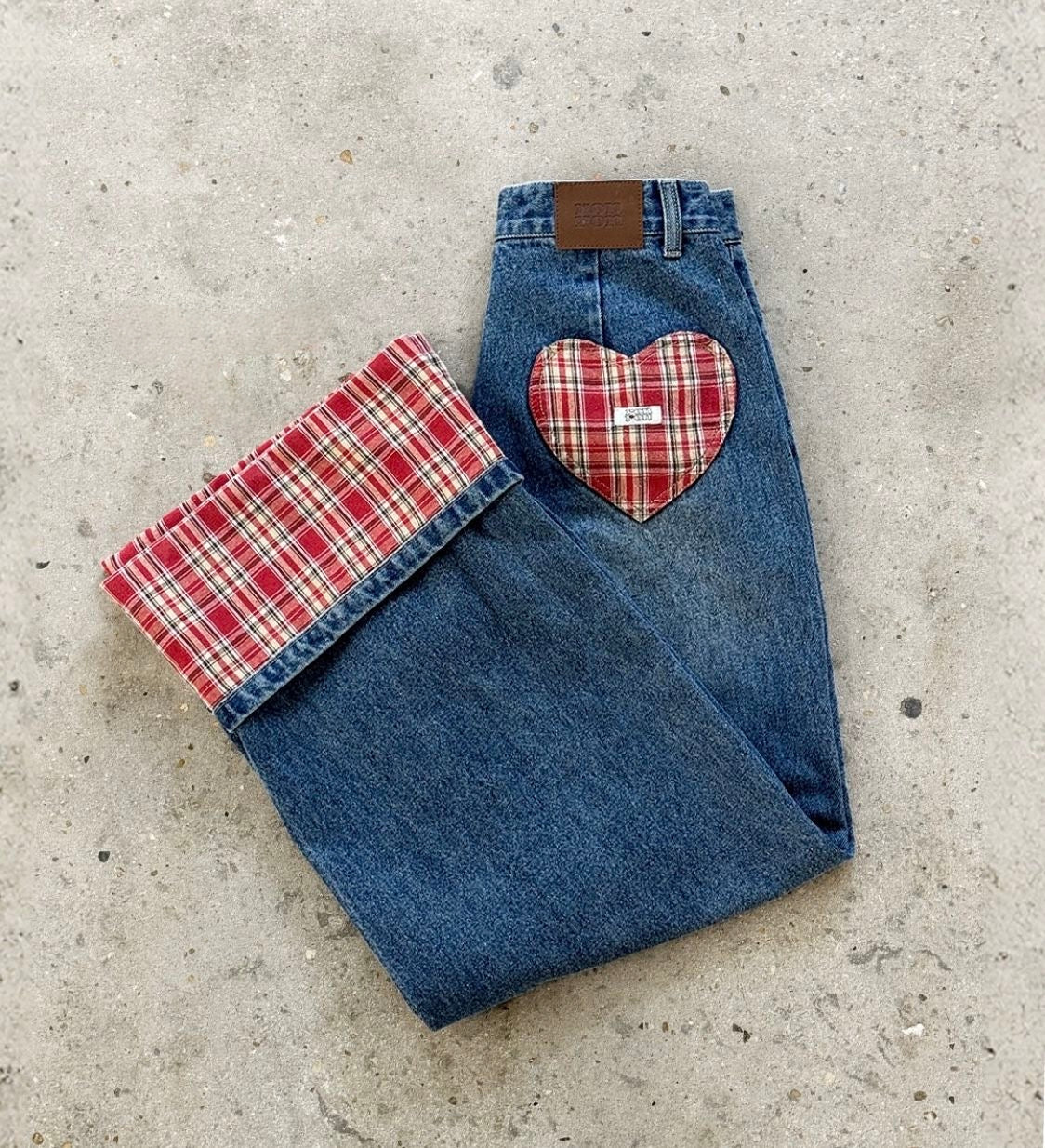 Check Patch Roll Up Denim Pants