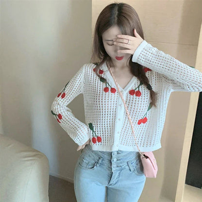 Cherry Embroidery Knitted V Neck Crop Top Cardigan