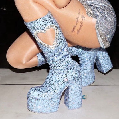 Crystal Studded Heart Cutout Chunky Platform Boots