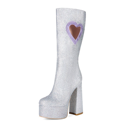 Crystal Studded Heart Cutout Chunky Platform Boots