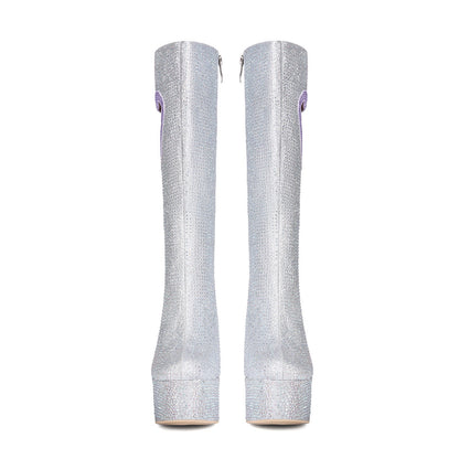 Crystal Studded Heart Cutout Chunky Platform Boots