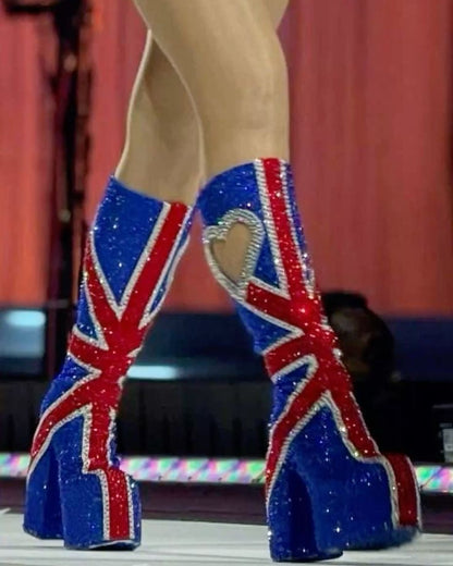Crystal Studded Heart Cutout Chunky Platform Boots